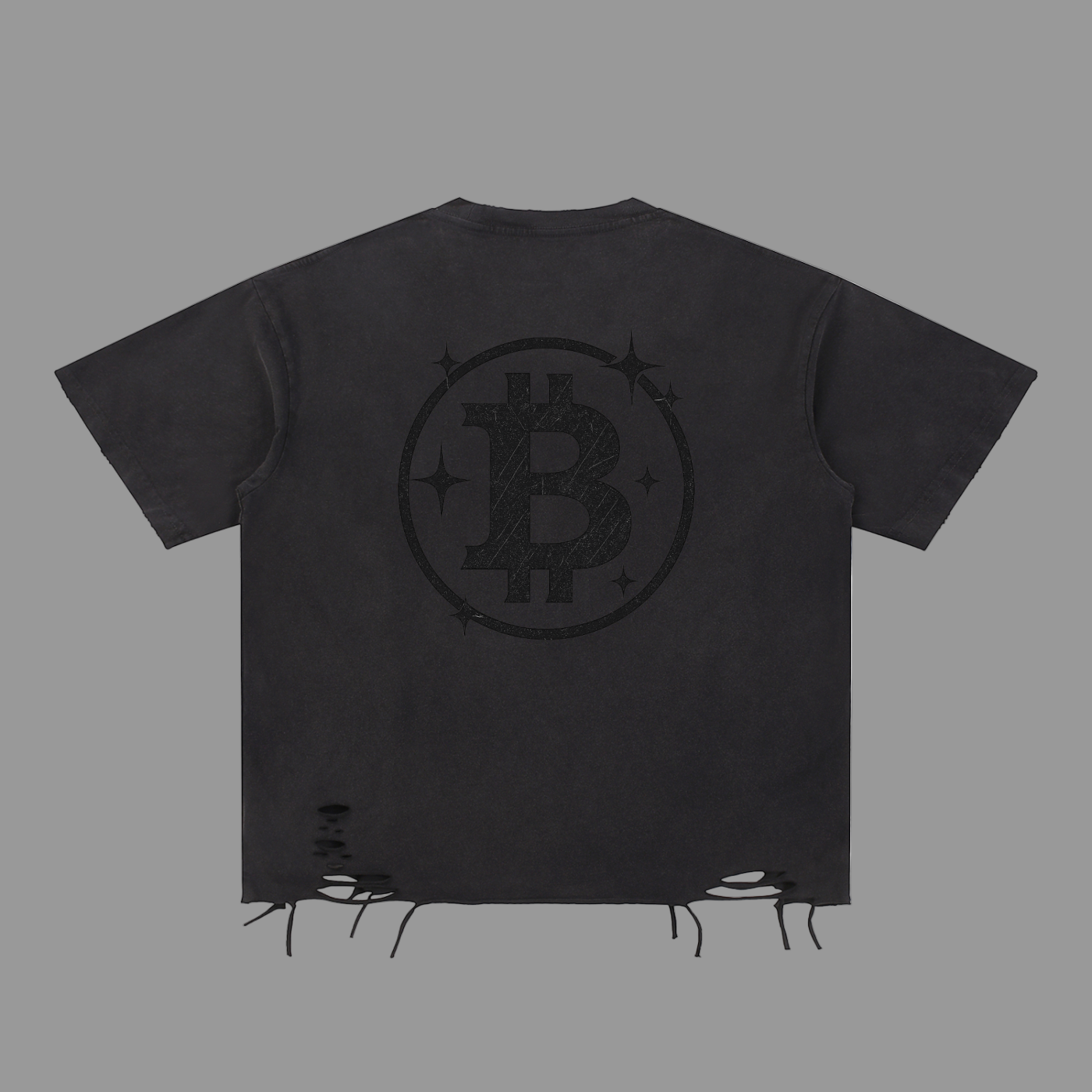Black t-shirt with Bitcoin logo on a white background