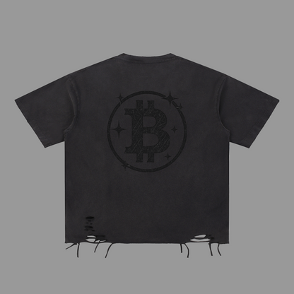 Black t-shirt with Bitcoin logo on a white background
