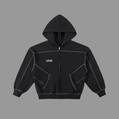 Contrast-Stitched Boxy Fleece Zip Hoodie